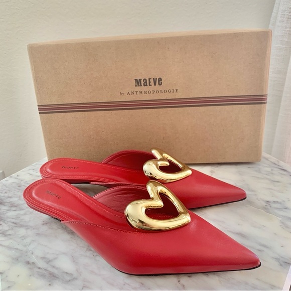 ❤️ ANTHROPOLOGIE Maeve Red Gold Heart Mule Kitten Heels Genuine Leather - Picture 6 of 12